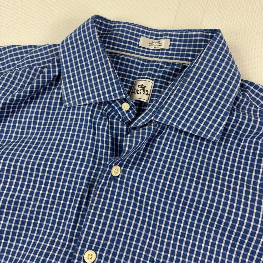Peter Millar Shirt Mens Large Blue Gingham Classic Fit Cotton Dress Long Sleeve